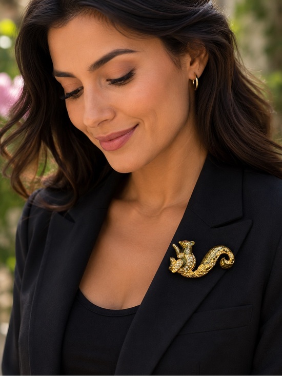 Jewelry - Gold, Black, & Charcoal Crystal Squirrel Brooch